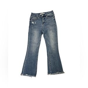 Altar’d State High Rise Flare Jeans Blue Distressed Raw Hem Size 26